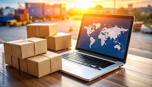 Fototapeta Naklejka Na Ścianę i Meble -  A laptop displaying a world map sits beside stacked cardboard boxes at a shipping dock during sunset, representing global logistics and e-commerce.