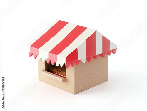 3D bakery kiosk with red striped awning
