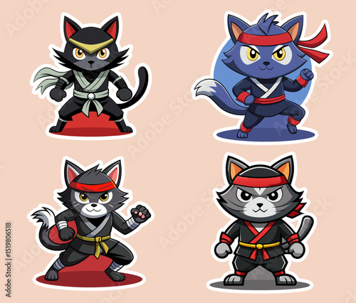 A set of cute ninja cats adorable pet and many characters hand drawn collection for T-shirt, sticker, print
