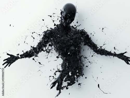 Conceptual image of a dark humanoid form breaking apart into sharp fragments, symbolizing emotional fragmentation or identity loss.
