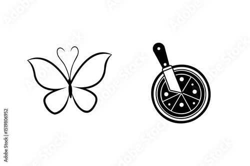 Black and white vector illustrations of a butterfly and pizza on a white background