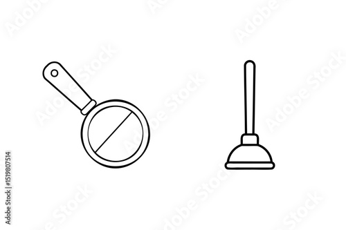 Simple minimalist black and white hand drawn plunger and magnifying glass icon illustration