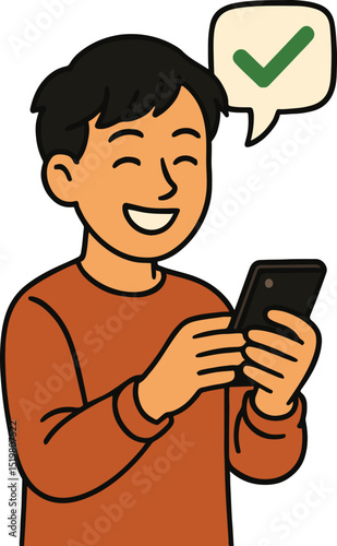 Happy Person with Smartphone and Checkmark Notification