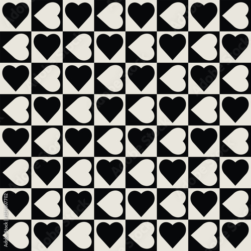 Seamless black and white heart pattern for backgrounds, fabric design, home decor.
