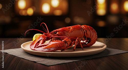 A red lobster on wooden plate.