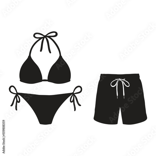Minimalist black swimwear set vector art, bikini and trunks sillhouette illustration