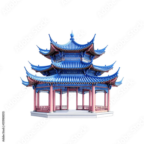 Beautiful blue and pink chinese pagoda style pavilion on transparent background