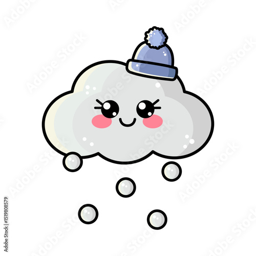 Outline kawaii cloud with happy face, beanie and falling snow or snowing. Cute baby character. Vector illustration isolated on white background for children, kids	