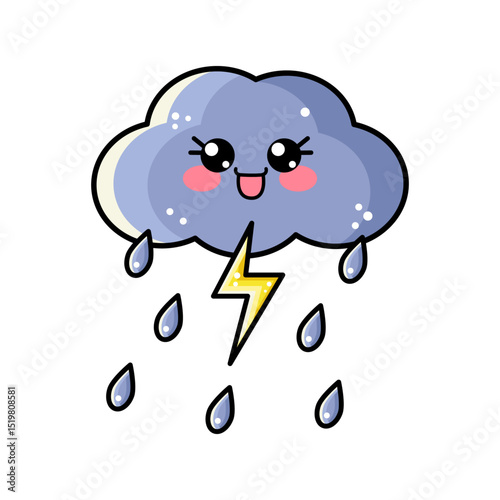 Outline kawaii cloud with thunder and lightning and falling rain drops. Cute baby vector character isolated on white background for kids, babies, children