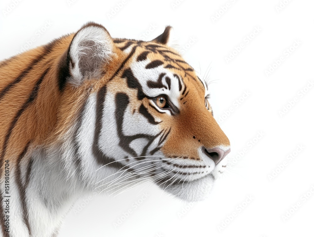 Obraz premium Close-up side view of a tiger’s face with sharp details and vivid fur patterns, isolated on a clean white background. Perfect for wildlife and nature content. 