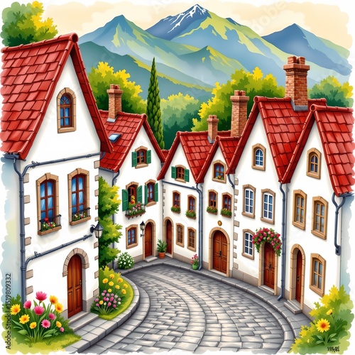 a quaint european village nestled at the base of a mountain