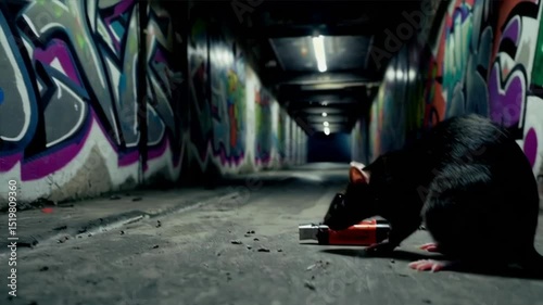 Urban rat exploring graffiti-covered tunnel in dark abandoned city, moody streetlife video