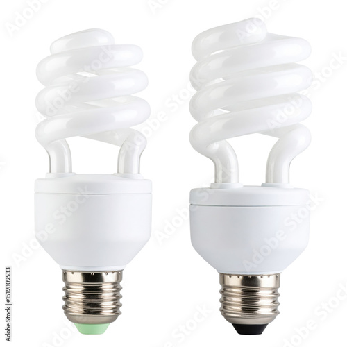Two compact fluorescent light bulbs with spiral designs and metallic screw bases.