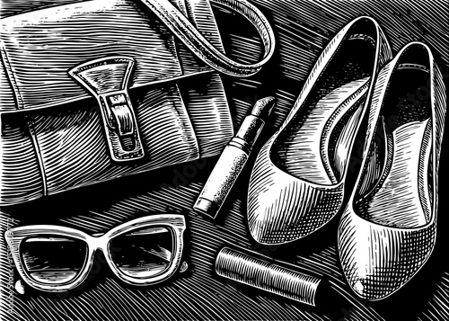 Black and white sketch vector of fashion accessories: sunglasses, purse, high heels, lipstick, drawn in clean minimal lines