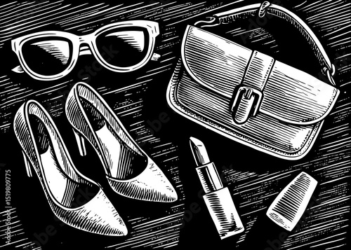 Black and white sketch vector of fashion accessories: sunglasses, purse, high heels, lipstick, drawn in clean minimal lines