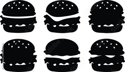 Set of six black hamburger silhouette icons in flat style, including fast food cheeseburgers with sesame buns, patties, and toppings, ideal for restaurant menu, food packaging, or graphic design