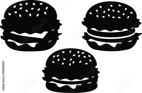 Black Silhouette Icons of Hamburgers with Layers in Minimalist Design Illustration