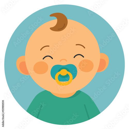 Smiling baby with pacifier and green shirt on round blue background. Flat cartoon avatar illustration. Childhood and newborn concept. Design for sticker, card, avatar, print