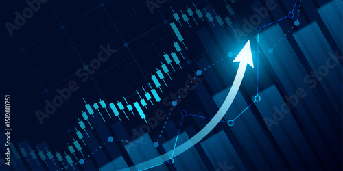technology financial graph with uptrend line arrow and bar chart of stock market on blue color background