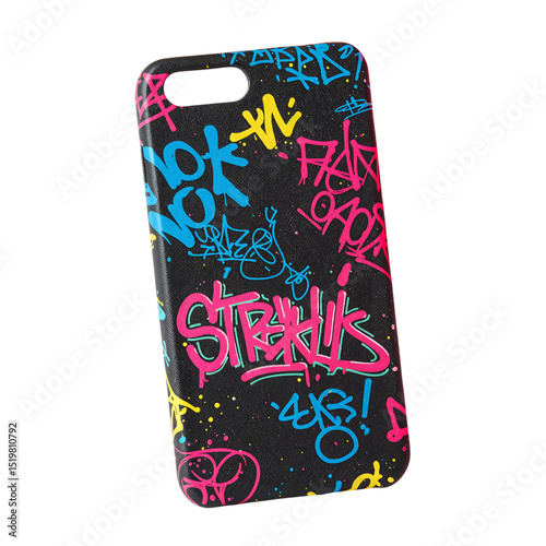 Stylish Black Phone Case with Graffiti Print in Neon Colors for Creative Tech.