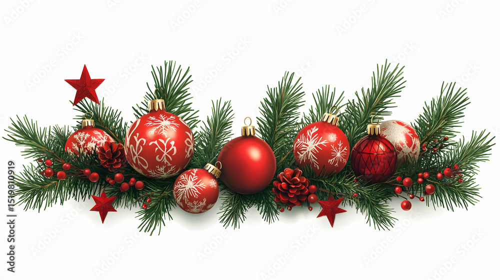 Fototapeta premium Festive Christmas Ornament Border with Pine Branches, Berries, and Star Accents