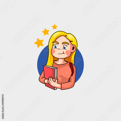 cartoon mascot logo of a beautiful blonde female student ready to study