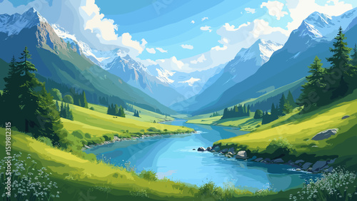 Idyllic Mountain Landscape with Stream – Peaceful Nature Scene with Flowing Water and Scenic Peaks

