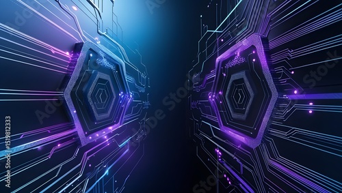 Abstract futuristic circuit board design with hexagonal elements and glowing lines