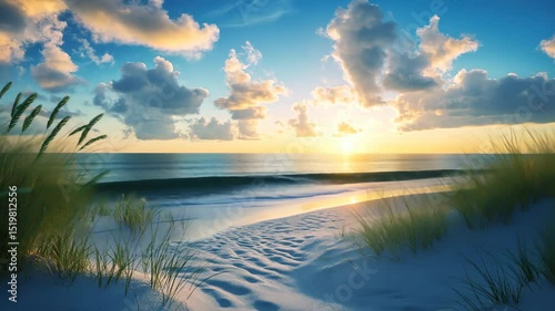 Serene sunset over tranquil ocean, beach grass gently sways in breeze
