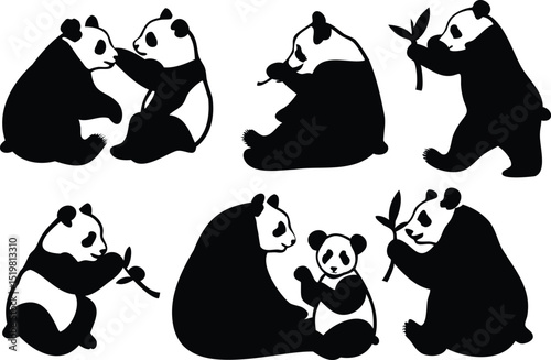 Black Silhouette Icons of Pandas with Bamboo and Cubs in Diverse Poses Illustration