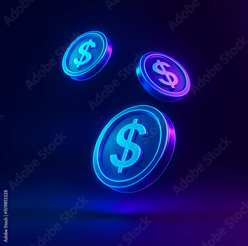Neon Dollar Coins Floating in Cyberpunk Style