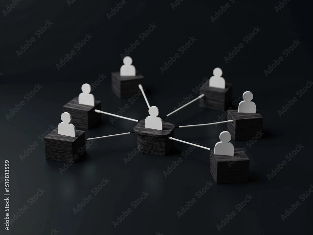 Obraz premium Wooden Cubes Connected with Lines on Blue Background Representing Social Network and Organizational Structure, Illustrating Teamwork, Digital Communication, and Business Collaboration