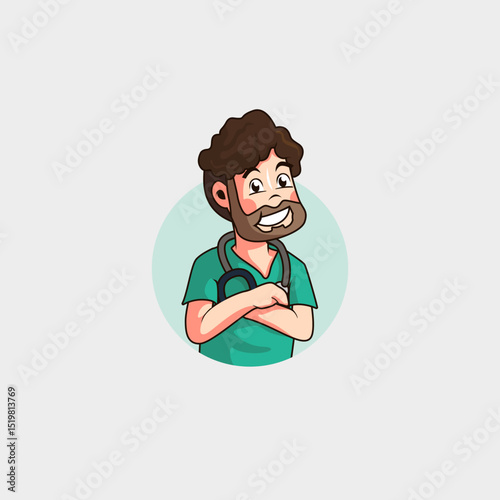 cartoon mascot logo of a handsome young doctor with a beard and curly hair ready to cure you