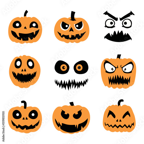 Minimal Halloween face elements set, various pumpkin faces, spooky eyes, mouths, eyebrows, vector pack on white