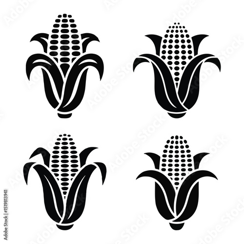 Four Graphic Corn Illustrations in Black and White With Transparent Background
