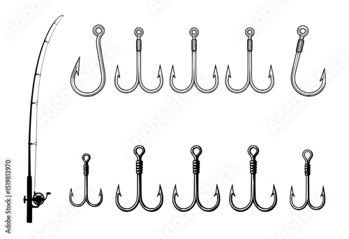 Fishing rod and variety of hooks in illustration