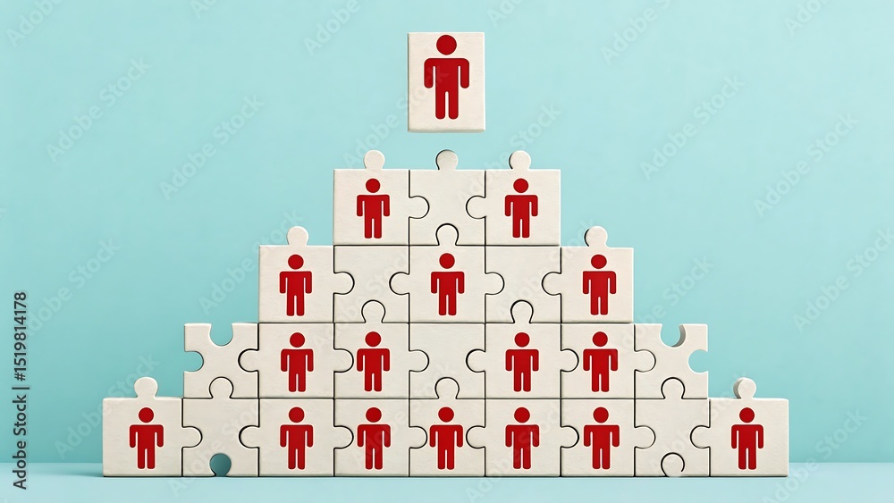 Puzzle Pieces Forming Hierarchy with Red Human Icons Against Blue Background, Top Position Unconnected Puzzle Pieces Forming Hierarchy with Red Human Icons Against Blue Background, Top Position Unconnected