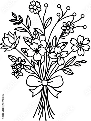 Elegant black and white floral bouquet illustration with detailed outlines and bow accent