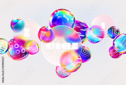 Colorful iridescent decoration spheres on white background. Bright luminescent geometric shape with circle glass frames.