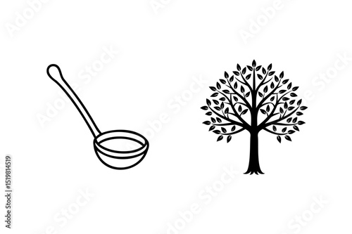 Monochrome vector illustration featuring a ladle and a decorative tree on a white background