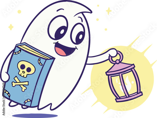 Cute Cartoon Ghost Holding Lantern and Skull Book in Whimsical Style Illustration