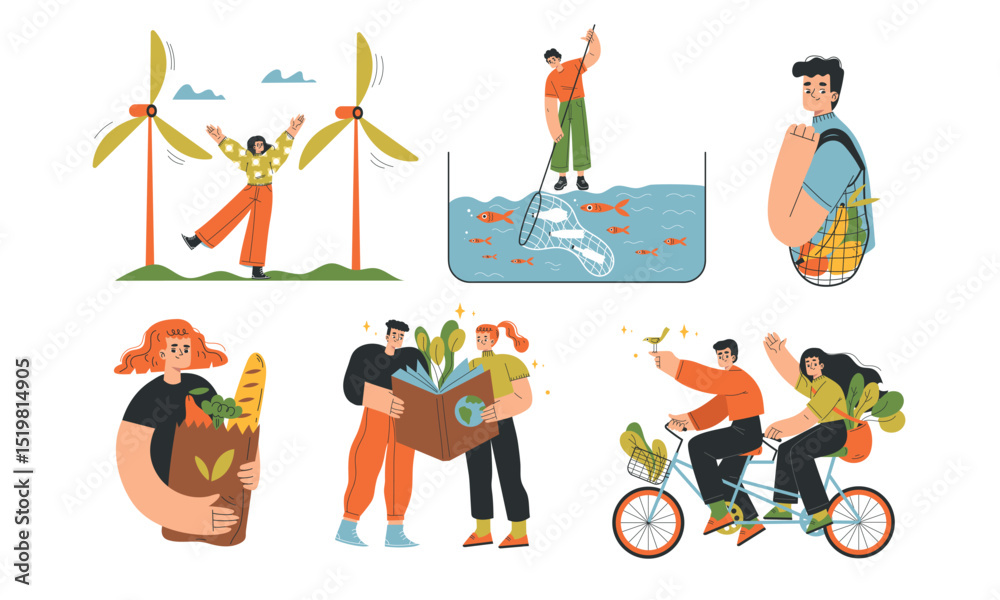 Fototapeta premium Sustainable Living Illustrations Engaging in Various EcoFriendly Activities and Lifestyles