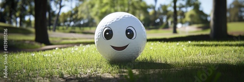 A smiling golf ball is on a grassy field. The sun is setting in the background. The ball is smiling and looking at the camera