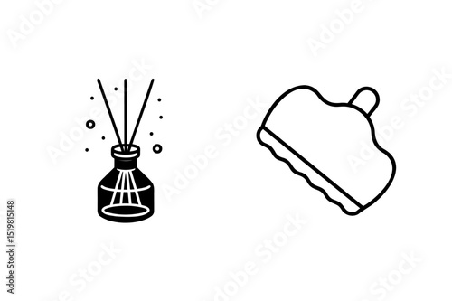 Minimalist line art illustration of a reed diffuser bottle and a cleaning sponge