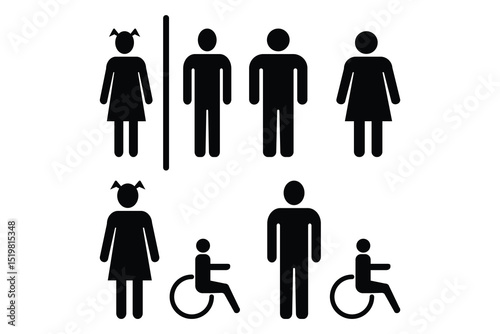 Toilet restroom gender male female kids wheelchair accessible people icon pack silhouette vector flat black sign design illustration set.
