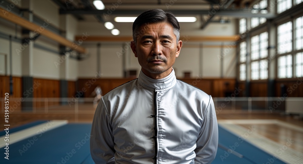 Obraz premium middle age Asian man in fencing hall background sports concept uniform portrait model photoshoot