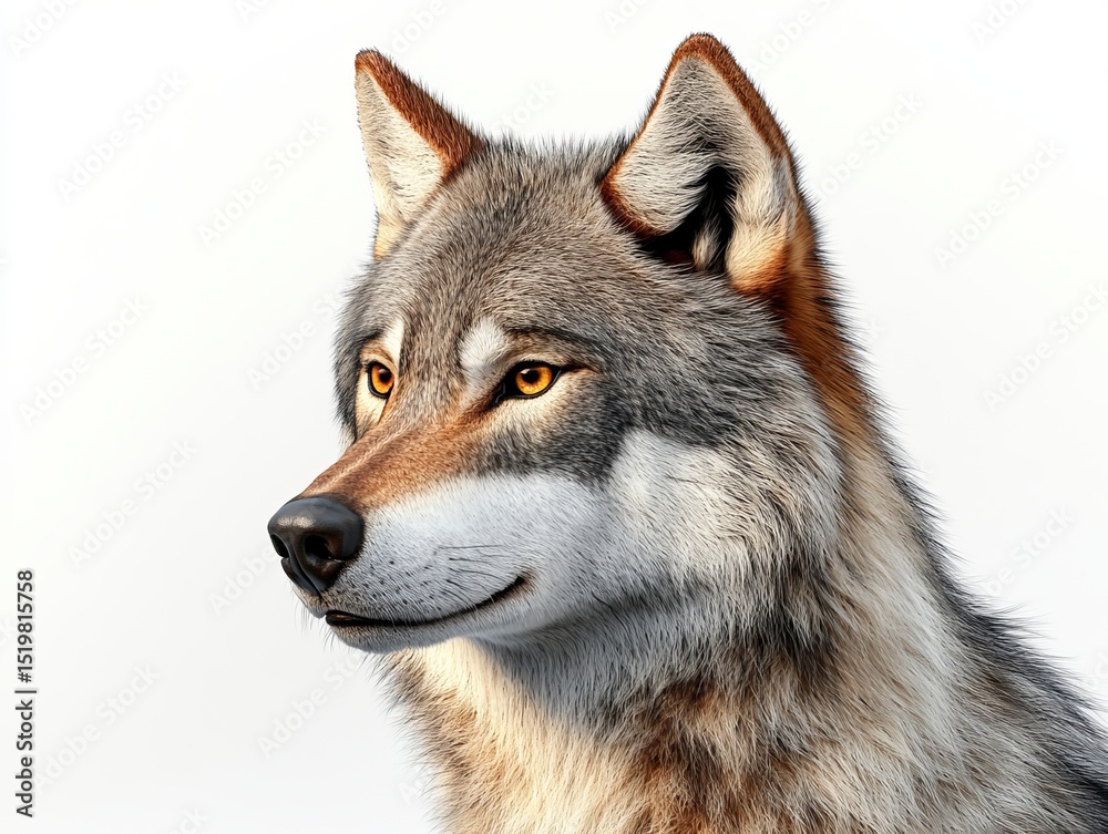 Fototapeta premium Detailed close-up of a gray wolf against a snowy white background, showing its intense gaze and thick winter fur. 