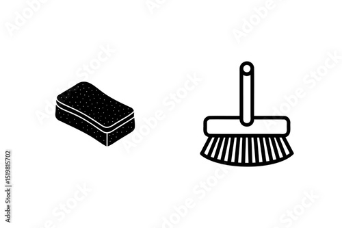 Vector illustration of cleaning tools including a sponge and a brush in black and white