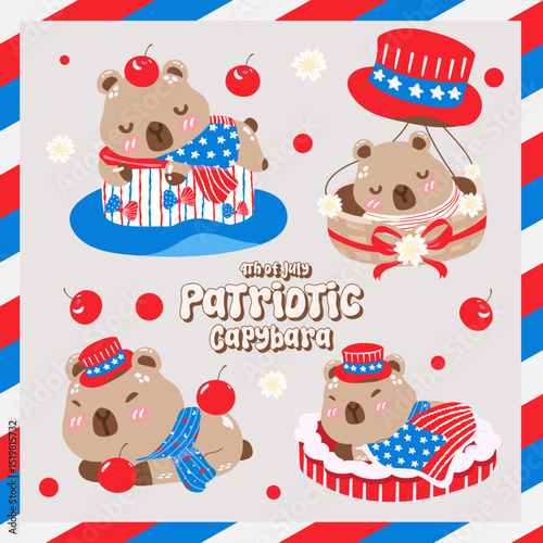 Cute patriotic capybara in 4th of July elements