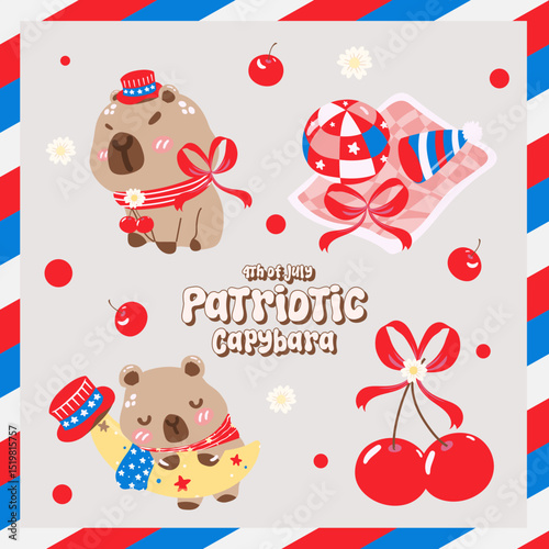 Cute patriotic capybara in 4th of July elements